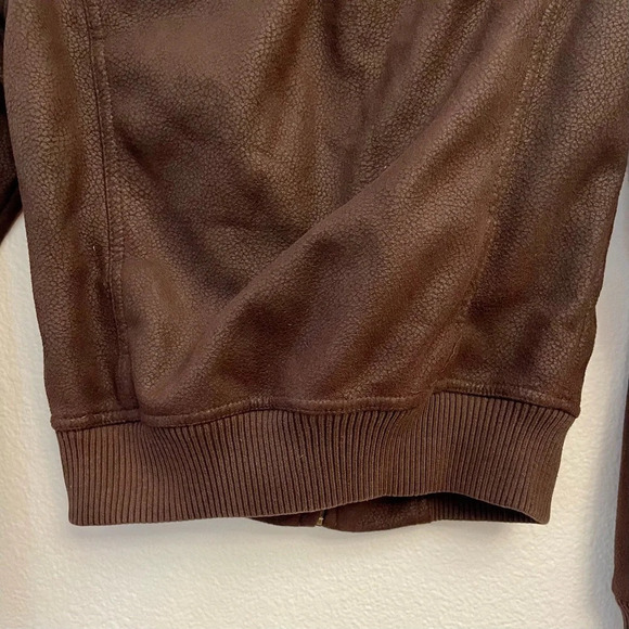 OBEY Rebel Yell Fleece Juniors Brown Faux Cracked Leather Zip Up Hooded Jacket. - Picture 6 of 14